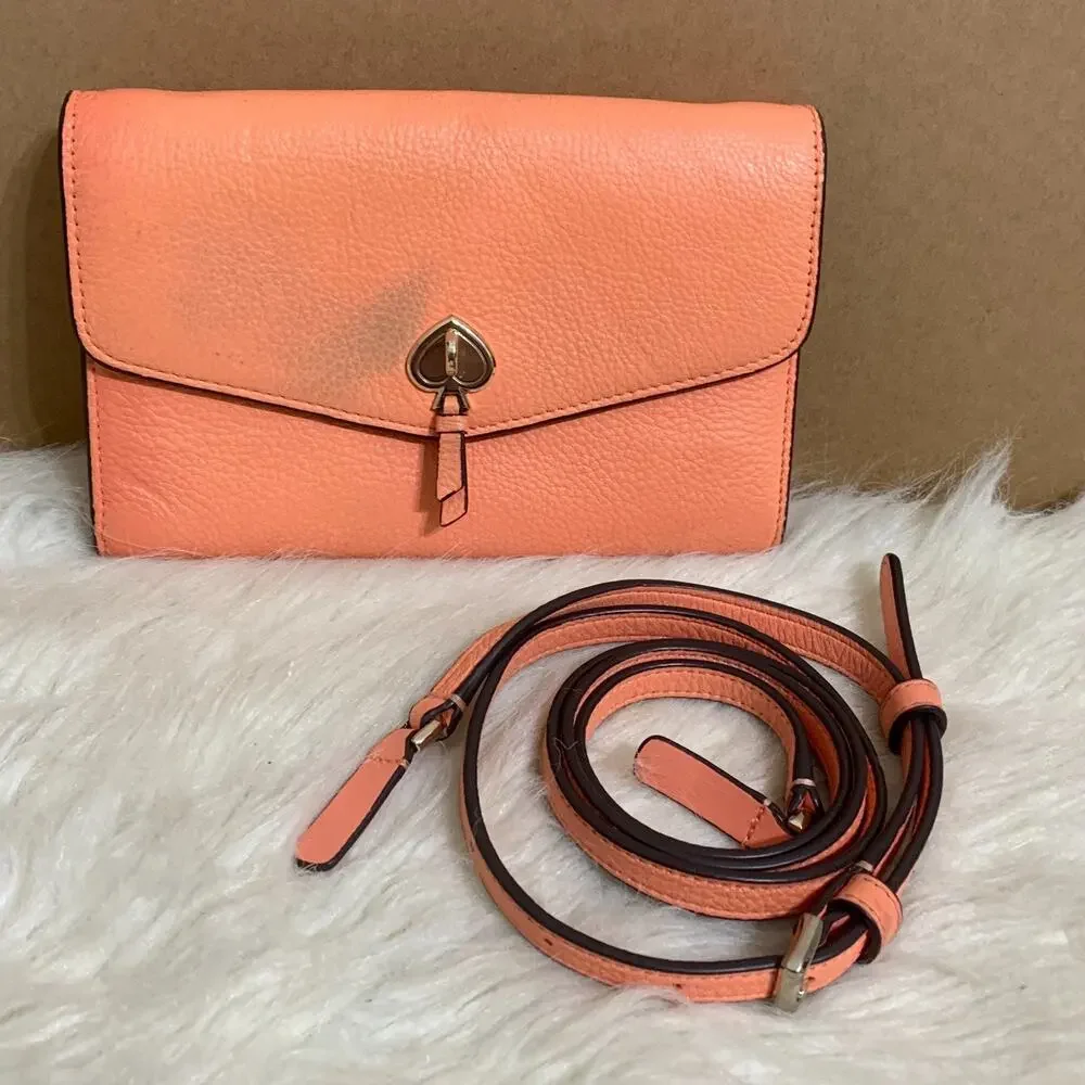KATE SPADE Melon Pebbled Leather MARTI Large Slim Flap Wallet w/XBody Strap